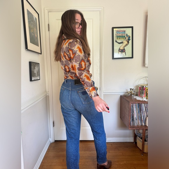 70s Vintage Funky Geometric Mosaic Print Blouse - Picture 2 of 8